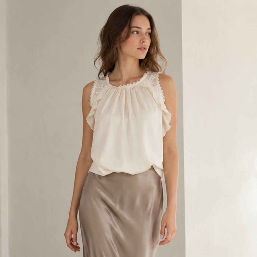 Rebecca Taylor Cream Embroidered Blouse 100% Silk Sleeveless Lace Tank Top 2